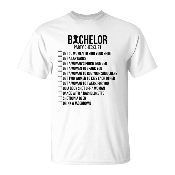 Mens Groomsmen Groom Squat Men Bachelor Supplies Party Checklist  T-Shirt