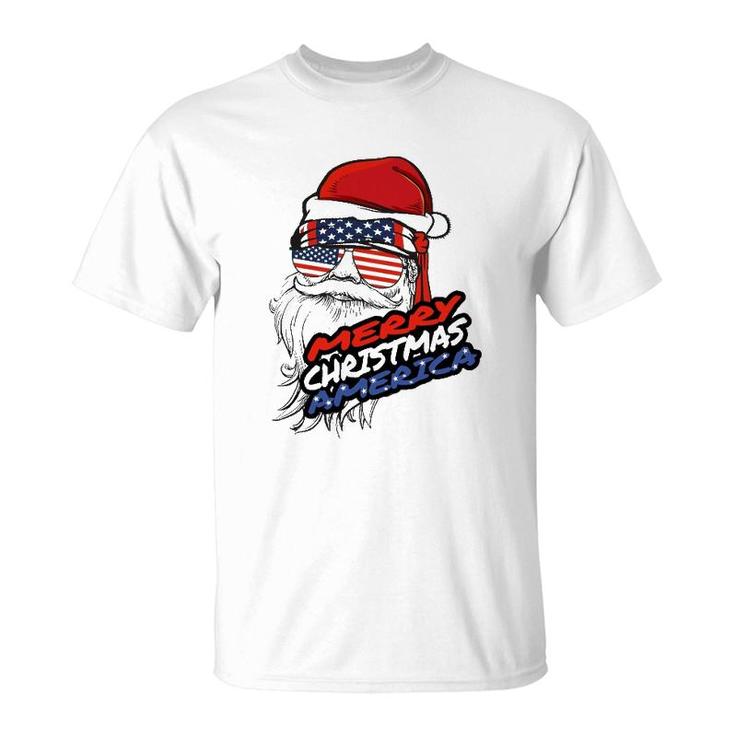 Merry Christmas America Santa Claus American Flag T-Shirt