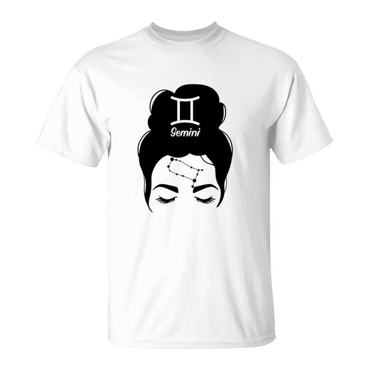 Messy Bun Zodiac Cool Funny Gemini Girl Birthday T-Shirt
