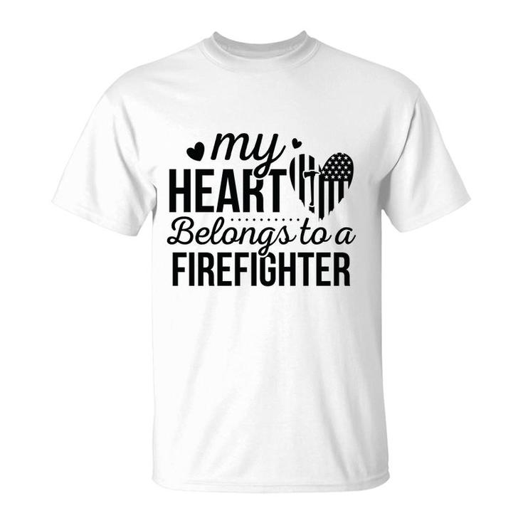 My Heart Belongs To A Firefighter Full Black T-Shirt
