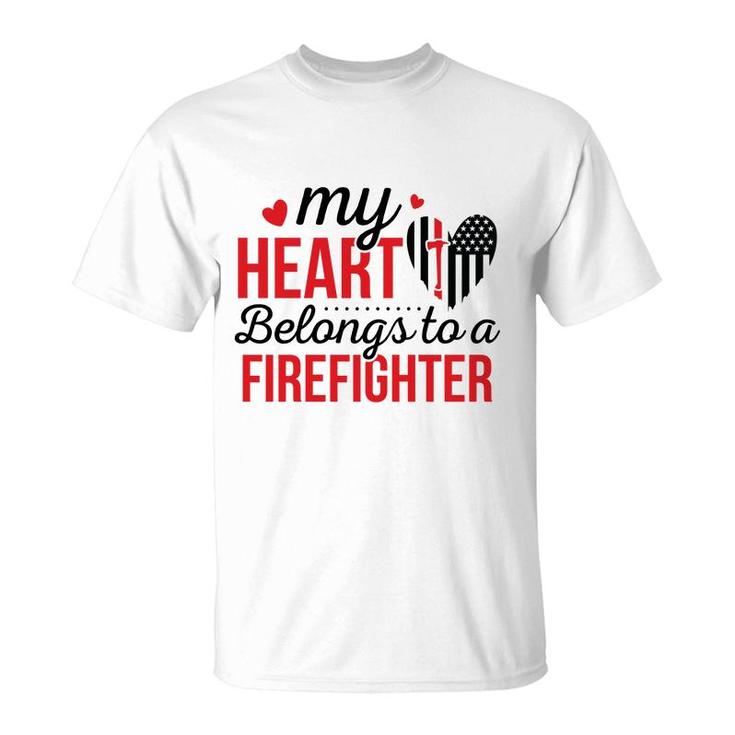 My Heart Belongs To A Firefighter Red Black T-Shirt