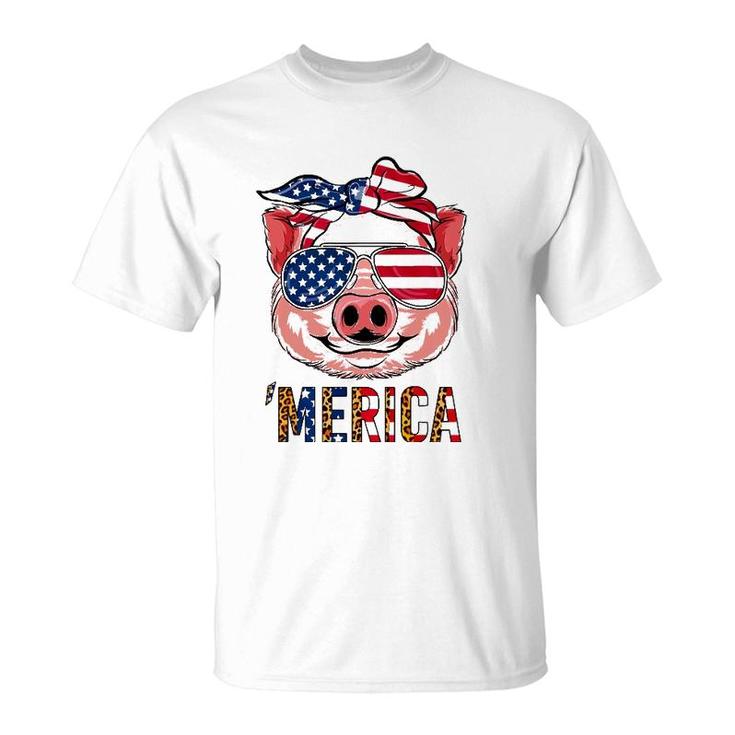 Pig Merica 4Th Of July American Flag Leopard Funny Girls Kid T-Shirt