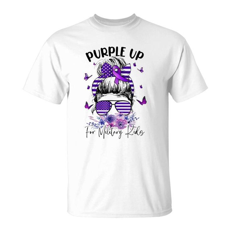 Purple Up For Military Kids Child Month Messy Bun Floral  T-Shirt