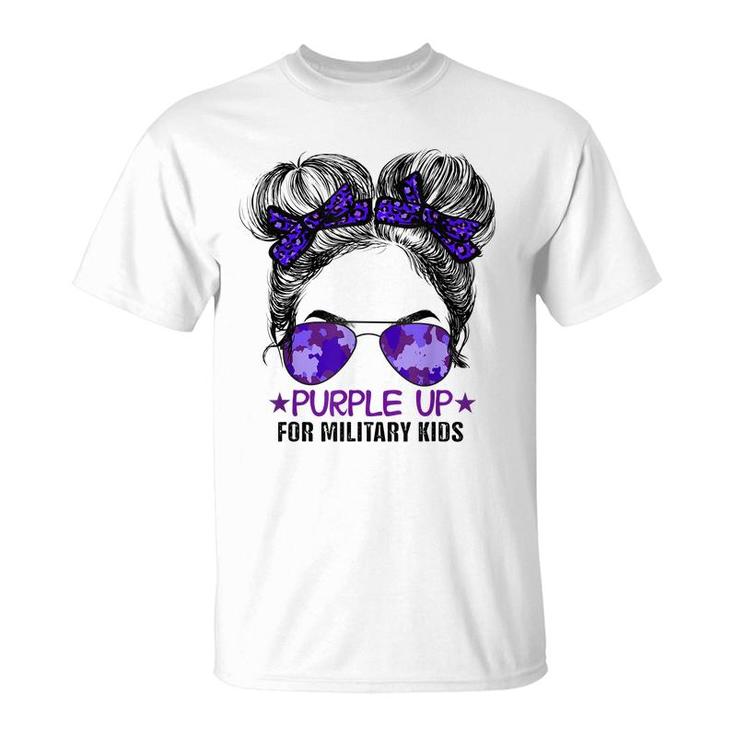 Purple Up For Military Kids - Cute Messy Bun Military Kids  T-Shirt