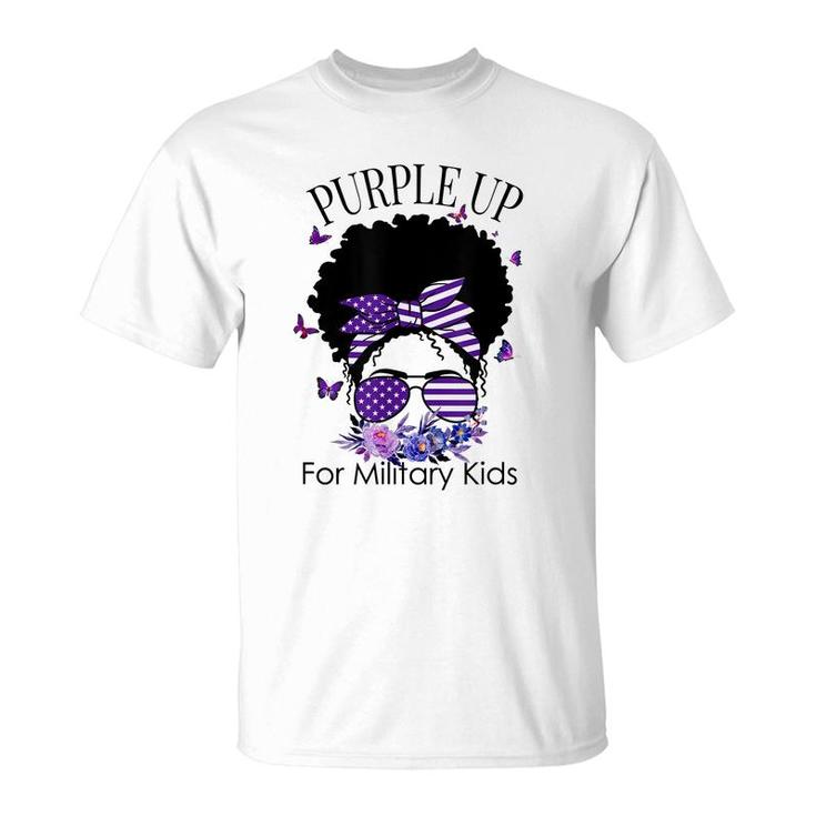 Purple Up For Military Kids Messy Bun Floral Butterfly  T-Shirt