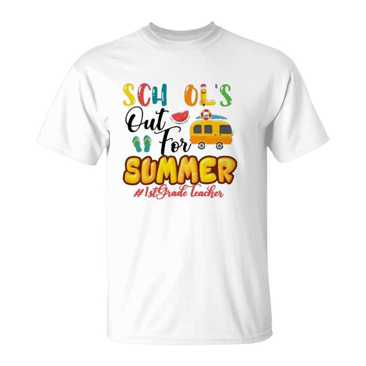 Schools Out For Summer 1St Grade Teacher Beach Vacation Van Car And Flip-Flops T-Shirt