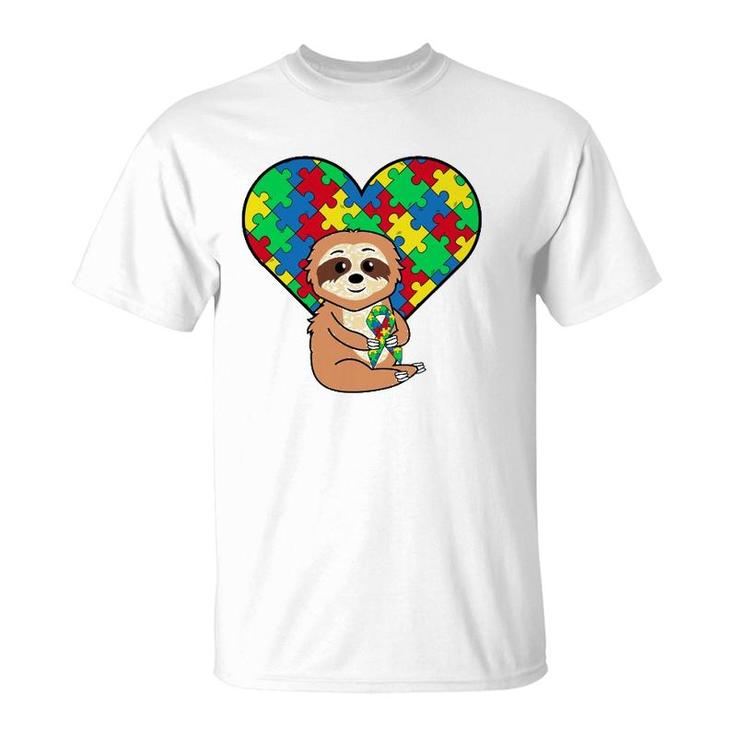 Sloth Heart Puzzle Piece Ribbon Cool Autism Awareness Gift T-Shirt