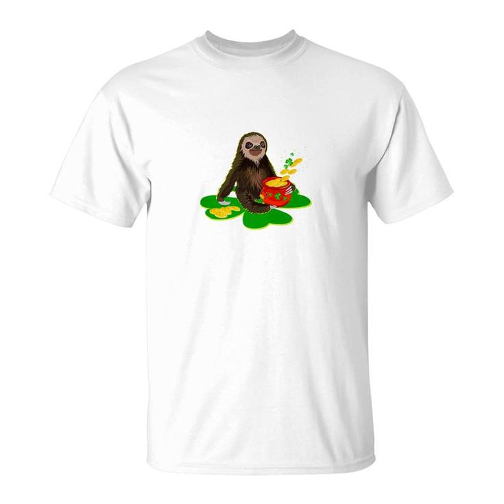 Sloth On Shamrock With St Patrick Day Coin Pot Gift T-Shirt