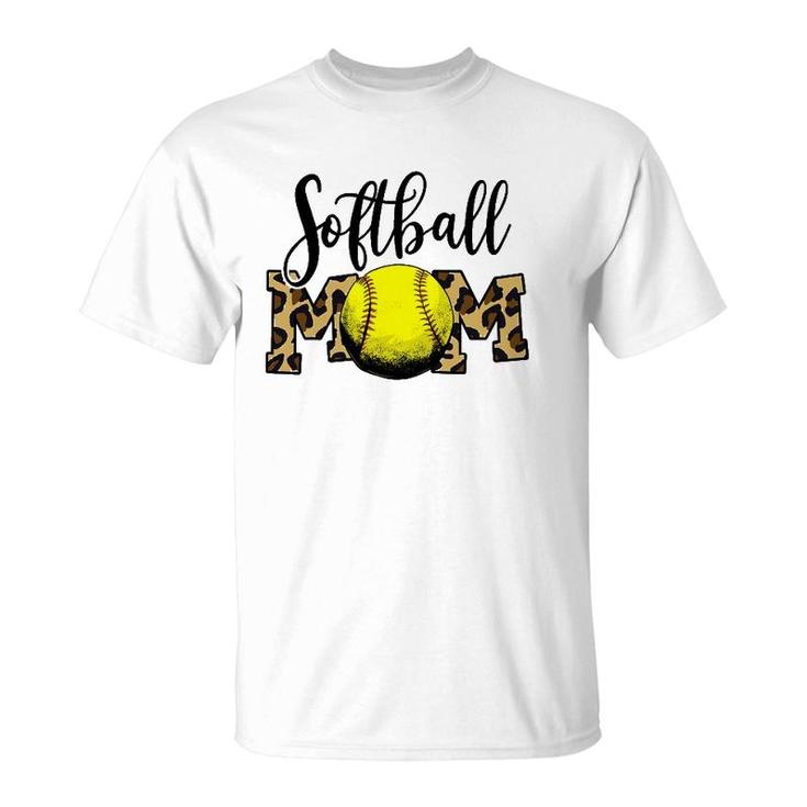 Softball Baseball Ball Mom Leopard Funny Mothers Day Womens T-Shirt