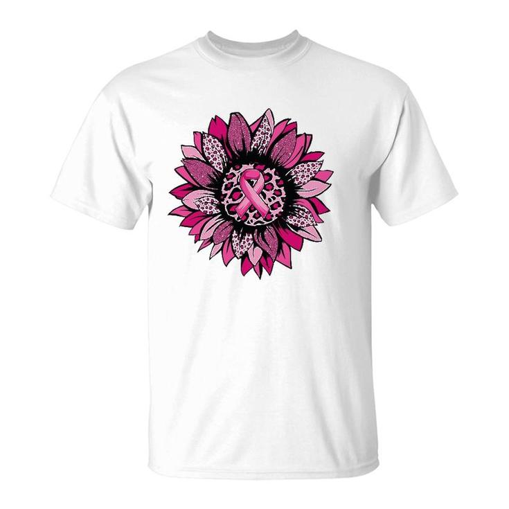 Sunflower Pink Leopard Breast Cancer Awareness Month Warrior T-Shirt