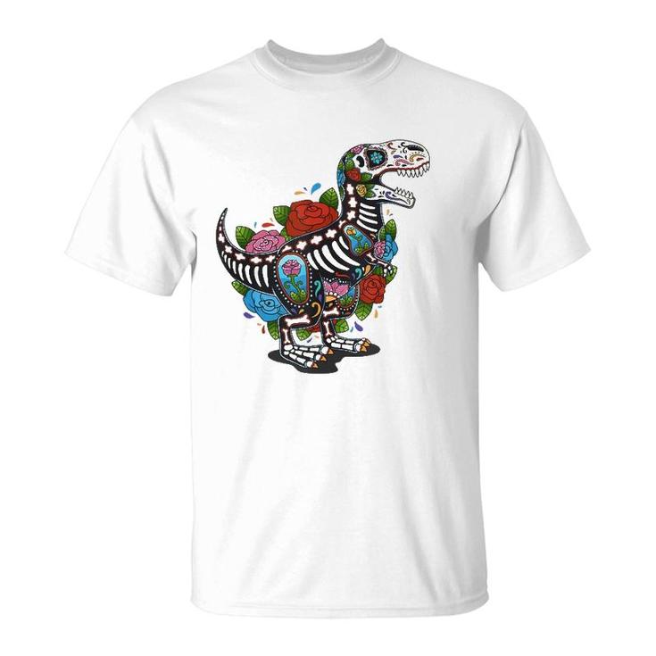 T Rex Dino Sugar Skull Mexico Calavera Dia De Los Muertos  T-Shirt