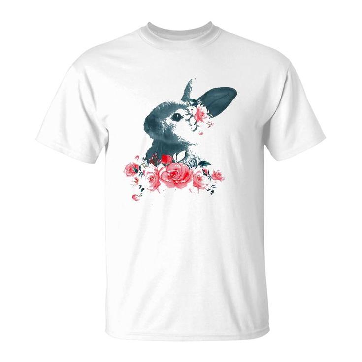 Womens Beautiful Easter Bunny Vintage Floral Easter V-Neck T-Shirt