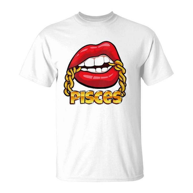 Womens Juicy Lips Gold Chain Pisces Zodiac Sign V-Neck T-Shirt