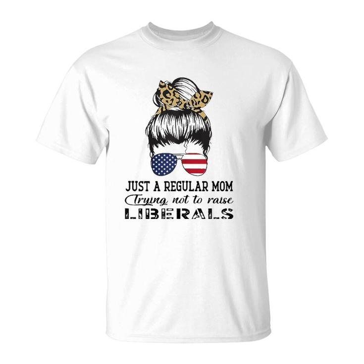 Womens Just A Regular Mom Trying Not To Raise Liberals Us Flag Leopard T-Shirt