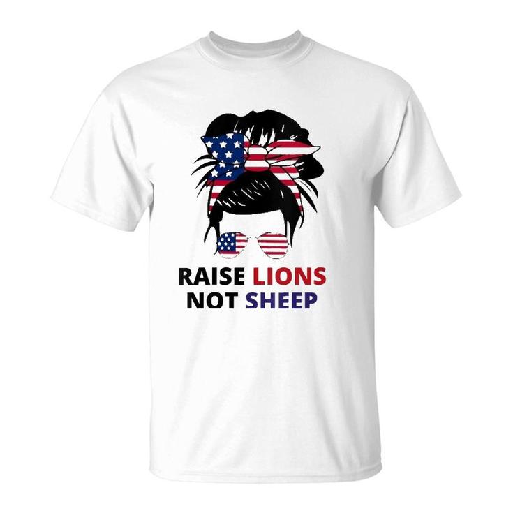 Womens Raise Lions Not Sheep American Flag Sunglasses Messy Bun V-Neck T-Shirt