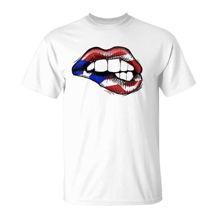 Womens Sexy Biting Lips Puerto Rico Flag V-Neck T-Shirt