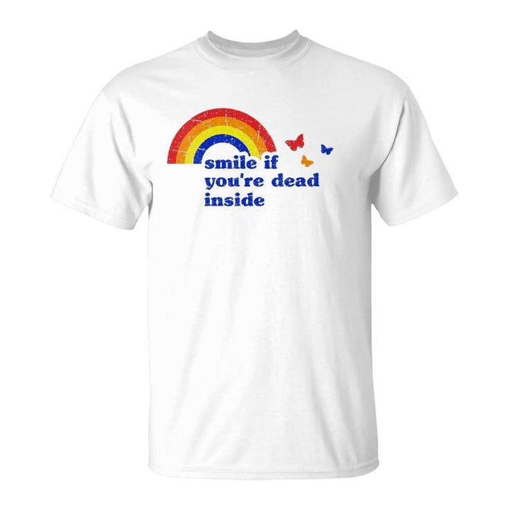Womens Smile If Youre Dead Inside Rainbow Vintage Dark Humor V-Neck T-Shirt