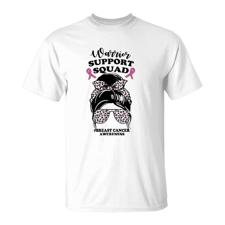 Womens Support Squad Messy Bun Pink Warrior Breast Cancer Awareness T-Shirt